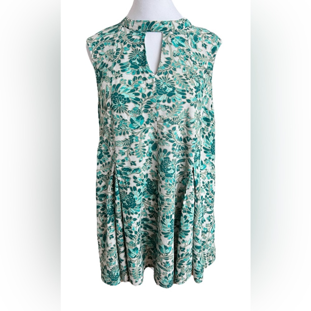 SAHALIE Green Beige Aqua Floral Keyhole Neck Tunic Top Mini Dress Small
